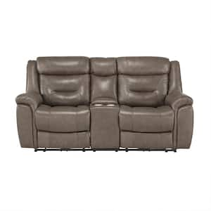 Barbal 77 in. W Brownish Gray Leather Match Power Double Reclining Loveseat with Center Console, Power Headrests