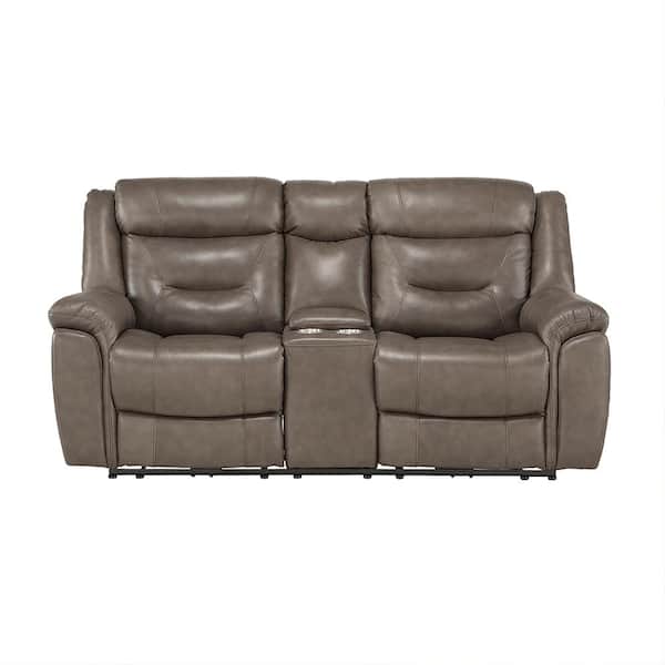 Lazzara Barbal 77 in. W Brownish Gray Leather Match Power Double Reclining Loveseat with Center Console, Power Headrests