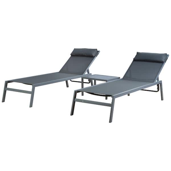 KOZYARD Wilson Grey EDP Coated Wrought Iron Breathable Grey Textilence Seat Outdoor Chaise Lounge with Table (2-Pack)