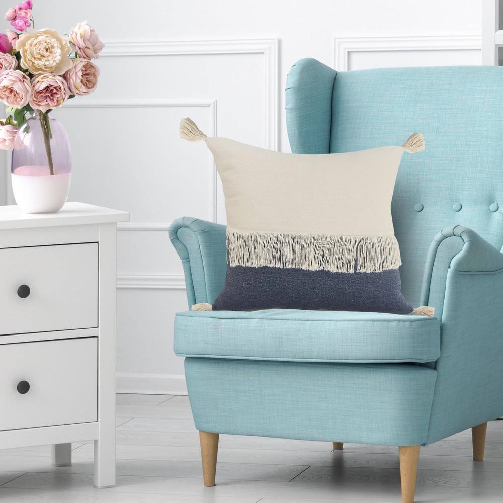 Denim Blue and Off-White Cotton Color Block Square Throw Pillow, 20" x 20"