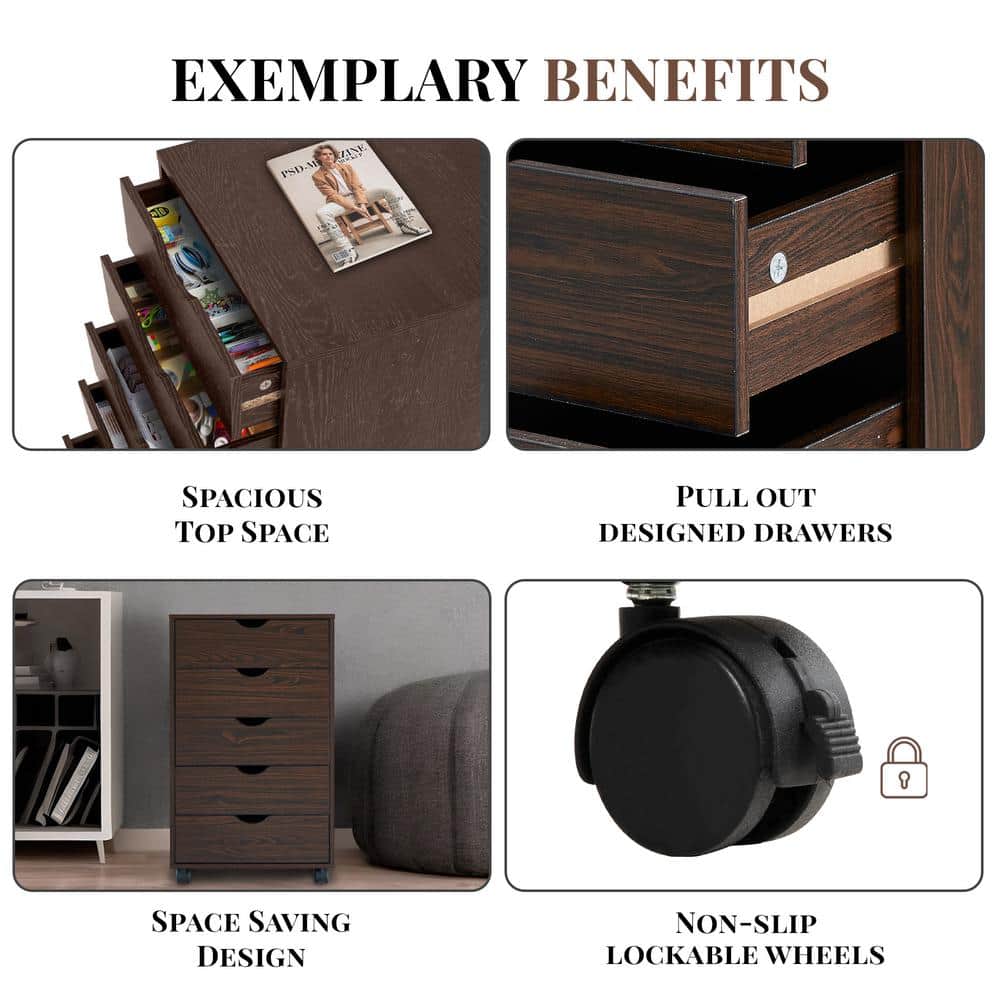 Espresso Dark Wood 5-Drawer Mobile File Cabinet with Casters