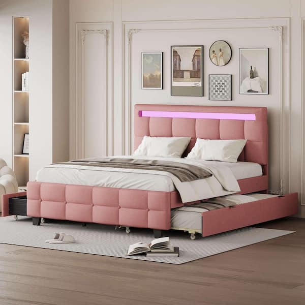 Pink Wood Frame Queen Size Platform Bed with Led Frame, Twin Xl Size Trundle and (2-Drawers)