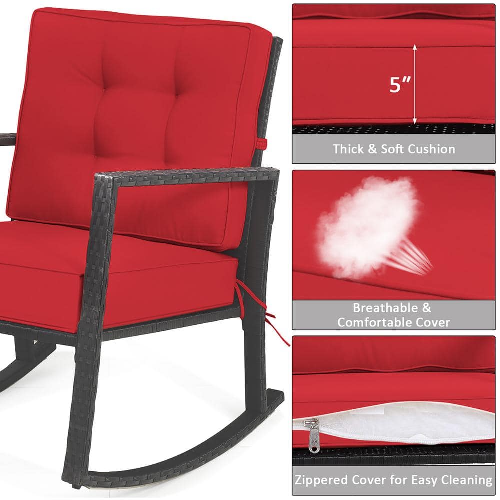 Red Cushioned Black Iron Outdoor Rocking Armchair Set