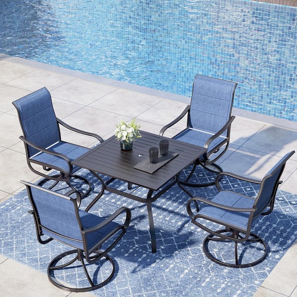 PHI VILLA Black 5-Piece Metal Outdoor Patio Dining Set with Slat Square Table and Padded Blue Textilene Swivel Chairs