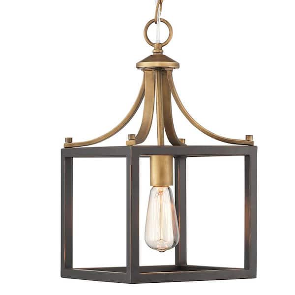 Progress Lighting Boswell Quarter 1-Light Vintage Brass Mini-Pendant with Painted Black Distressed Wood Accents