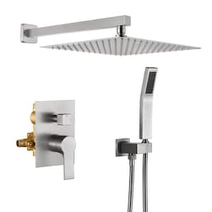 Single Handle 2-Spray Wall Mount 12 in. Square Shower Head with Hand Shower Faucet in Brushed Nickel (Valve Included)