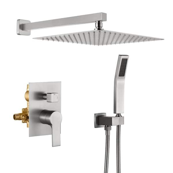 Satico Single Handle 2-Spray Wall Mount 12 in. Square Shower Head with Hand Shower Faucet in Brushed Nickel (Valve Included)