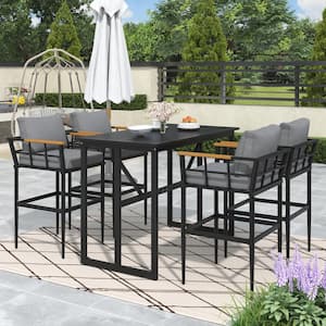 Black 5-Piece Metal and Wood Outdoor Dining Set with Gray Cushions and Pillows
