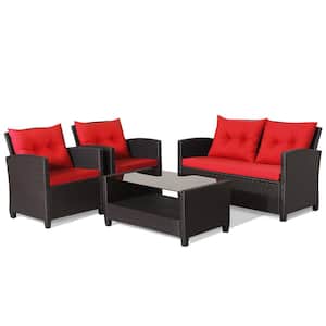 4-Pieces Patio Rattan Furniture Set with Tempered Glass Coffee Table in Red