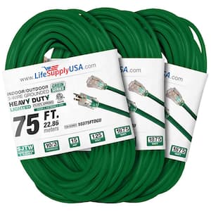 75 ft. 10 Gauge/3 Conductors SJTW Indoor/Outdoor Extension Cord with Lighted End Green (3-Pack)