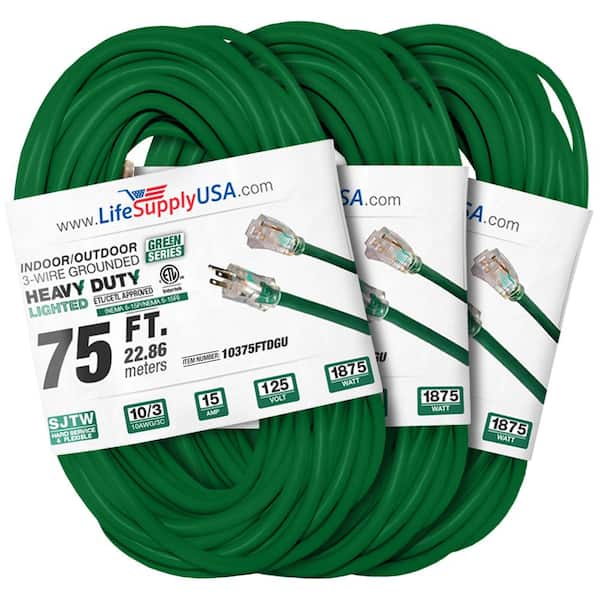 LifeSupplyUSA 75 ft. 10 Gauge/3 Conductors SJTW Indoor/Outdoor Extension Cord with Lighted End Green (3-Pack)