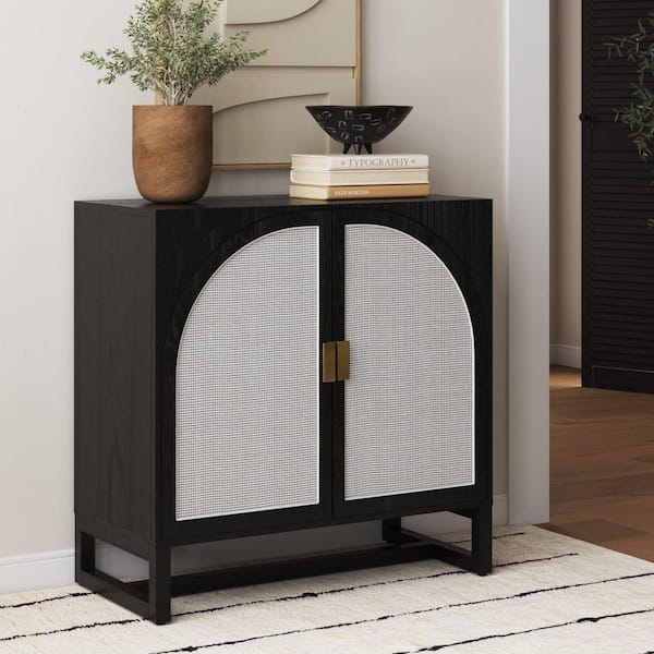 Nathan James Paxton Black Oak 31 in. H Storage Cabinet with Arched Rattan Doors and Adjustable Shelf and Solid Wood Legs