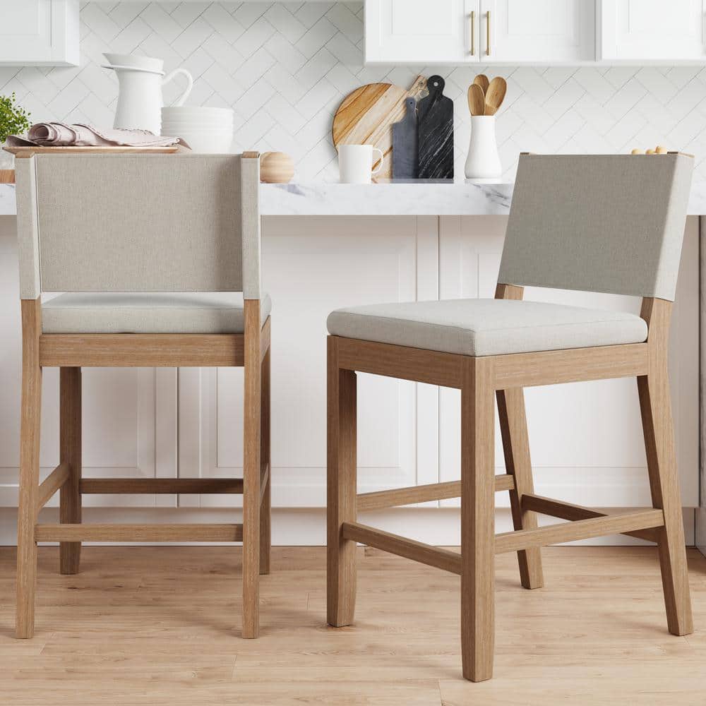 Linus Natural Flax Upholstered Counter Height Bar Stools with Rubberwood Legs, Set of 2