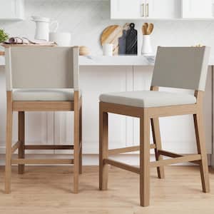 Linus 36 in. Modern Upholstered Counter Height Bar Stool with Back and Solid Wood Legs, Natural Flax/Brown, Set of 2