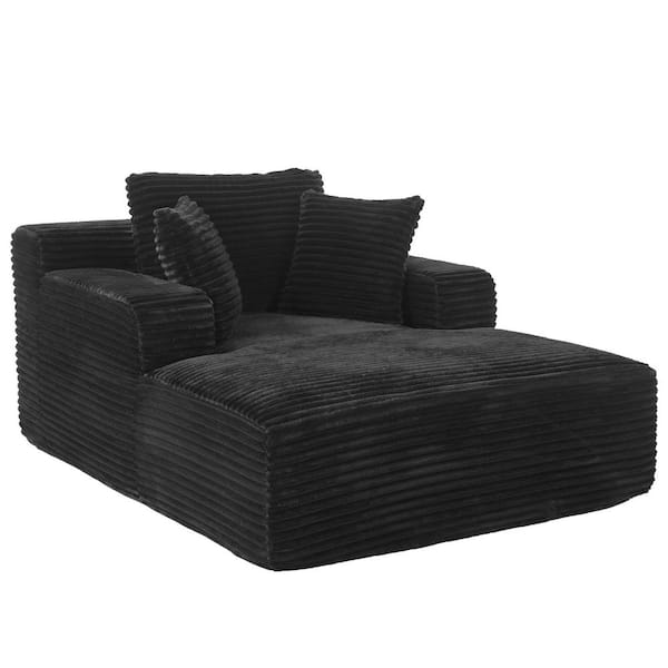 Luxury Collection Black Corduroy Polyester Square Arm Chaise Lounge with Removable Pillows No Assembly Required