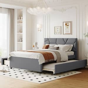 Gray Wood Frame Full Linen Upholstered Platform Bed with Brick Pattern Headboard, Twin Size Trundle and 2 Drawers