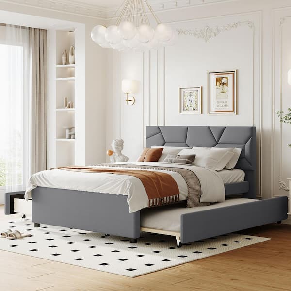 Harper & Bright Designs Gray Wood Frame Full Linen Upholstered Platform Bed with Brick Pattern Headboard, Twin Size Trundle and 2 Drawers