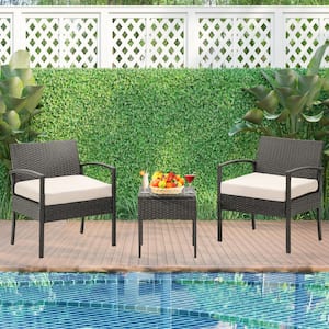 3-Pieces Rattan Wicker Patio Conversation Set Outdoor Table and Chairs with Tan Cushions