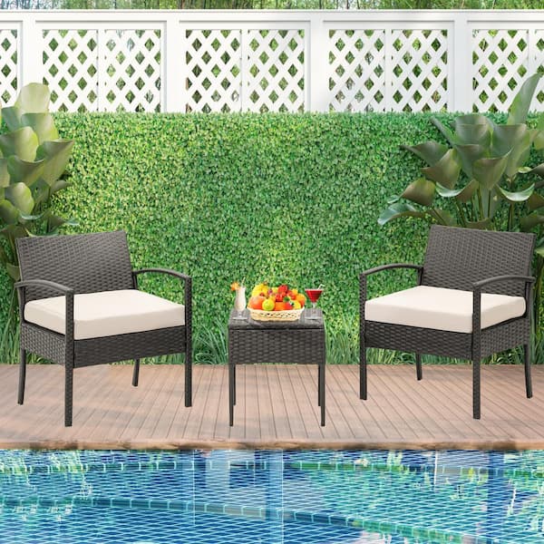 MIRAFIT 3-Pieces Rattan Wicker Patio Conversation Set Outdoor Table and Chairs with Tan Cushions