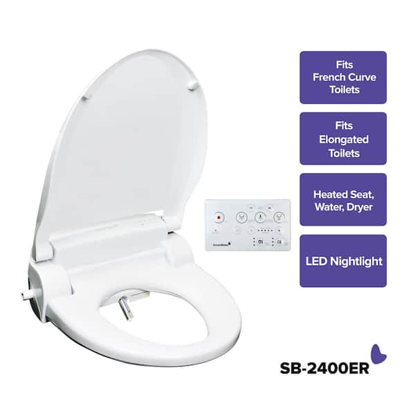 SmartBidet Electric Bidet Seat for Elongated and French Curve Toilets in White with Heated Seat, Remote Control and Nightlight