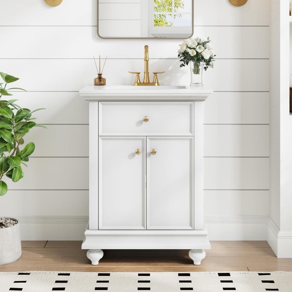 24 in. Farmhouse Freestanding White Bath Vanity with White Ceramic Top, Solid Wood Ball-turned Legs, Soft-close Hinges price history on PriceWatchPro