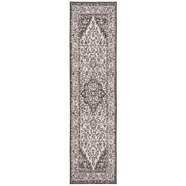 SAFAVIEH Beach House Light Gray/Charcoal 2 ft. x 6 ft. Border Floral Indoor/Outdoor Patio  Runner Rug