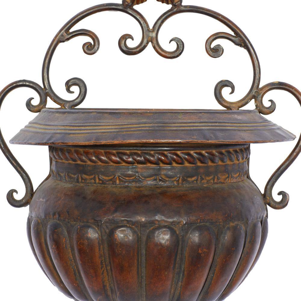 18-Inch Bronze Iron Scroll Wall Planter with Floral Finial