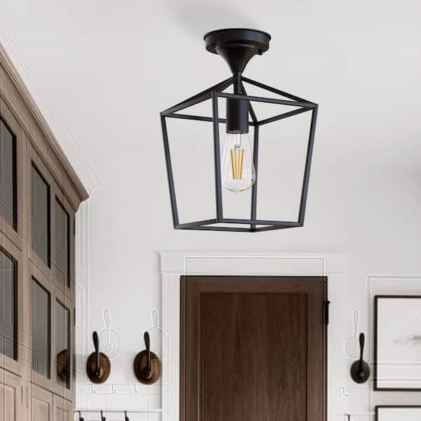 Briignite 7 in. 1-Light Black Modern Industrial Square Cage Semi-Flush Mount Ceiling Light for Hallway,Bedroom,Kitchen or Entryway