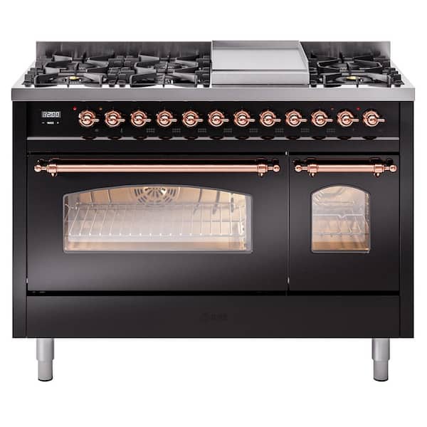 Nostalgie II 48 in. Dual Fuel Liquid Propane Range with 8 Burners, Griddle, Copper Trim in Glossy Black