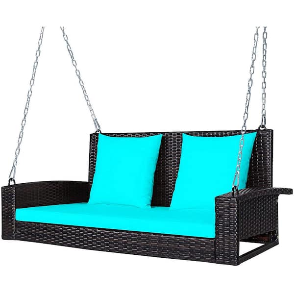SUGIFT 2-Person Black Steel Patio Swing with Turquoise Cushions