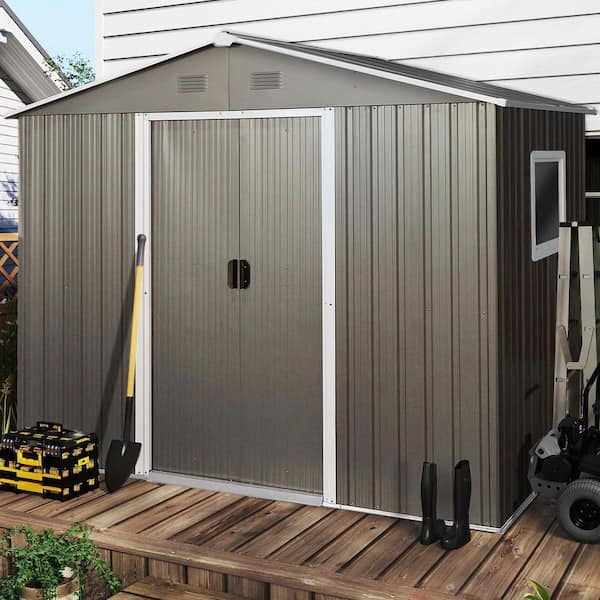 8 ft. W x 6 ft. D Metal Storage Shed Outdoor Tool House Room with Floor Frame, Shelves and Hooks, Gray (39 sq. ft.)
