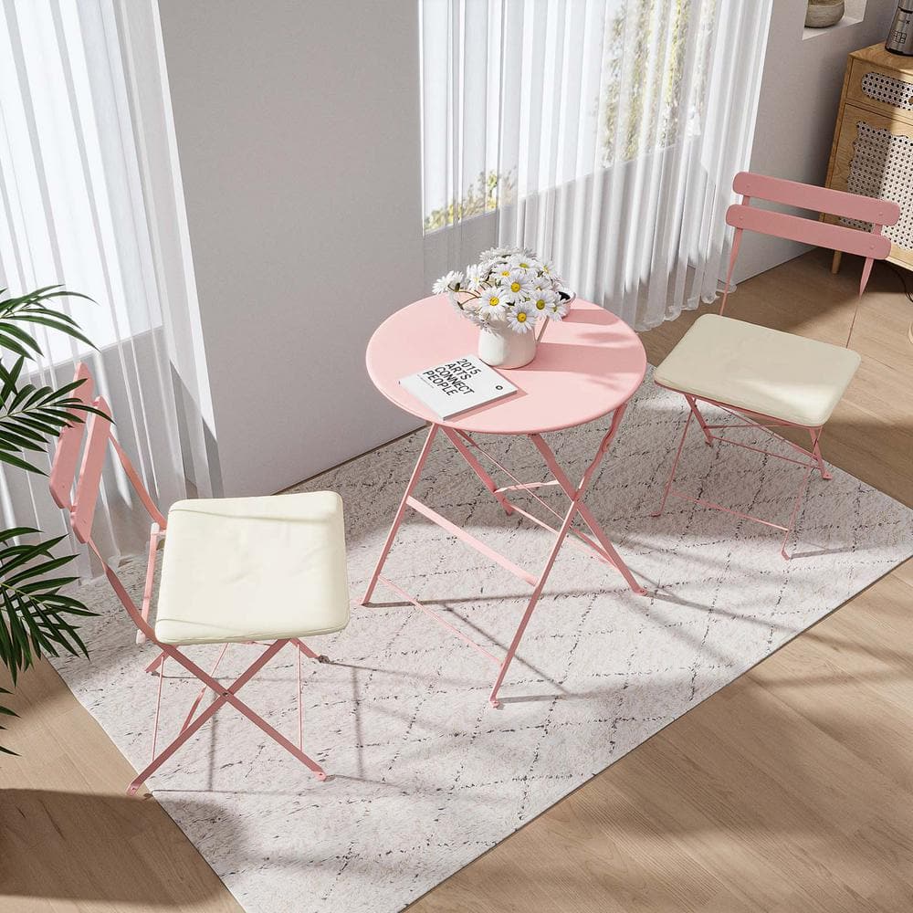 Pink 3-Piece Metal Patio Outdoor Bistro Set Foldable Table Chairs Set with 