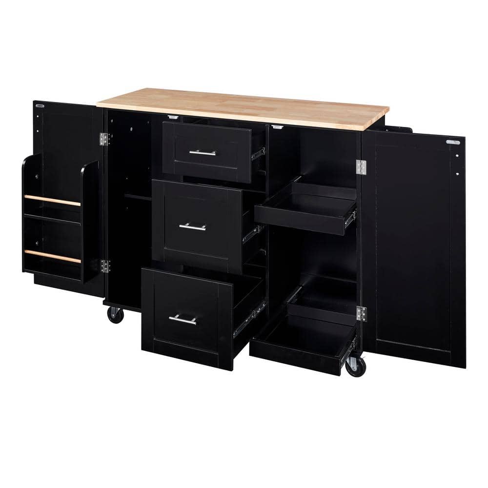 NT Black Solid Wood Countertop 51.49 in. W Rolling Kitchen Island Cart on W