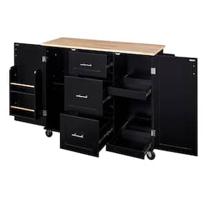 NT Black Solid Wood Countertop 51.49 in. W Rolling Kitchen Island Cart on Wheels, Towel and Spice Rack