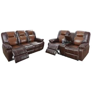 25 in. W Rolled Arm 2-Piece Leather Straight Sectional Sofa in Brown