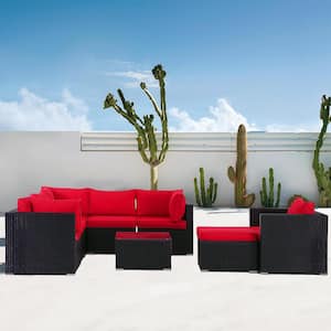 8-Piece Black Wicker Outdoor Sectional Set, Rattan Outdoor Patio Set with Red Cushions, Ottoman and Tea Table