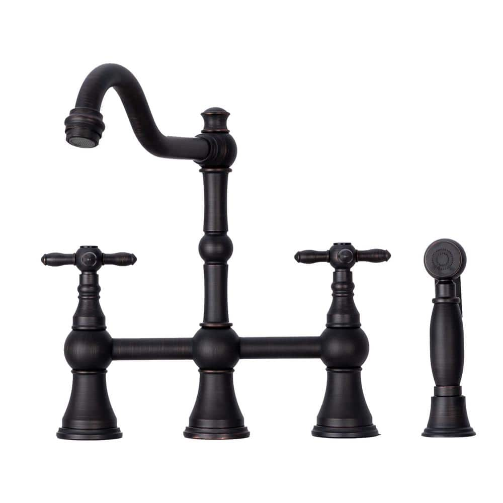 Akicon Bridge Kitchen Faucets - Solid Brass Kitchen Faucet with Side Sprayer- 2 Cross Handles, Oil Rubbed Bronze, AK96718N1