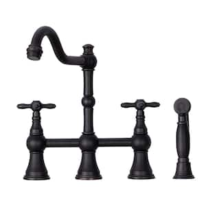 Bridge Kitchen Faucets - Solid Brass Kitchen Faucet with Side Sprayer- 2 Cross Handles, Oil Rubbed Bronze, AK96718N1