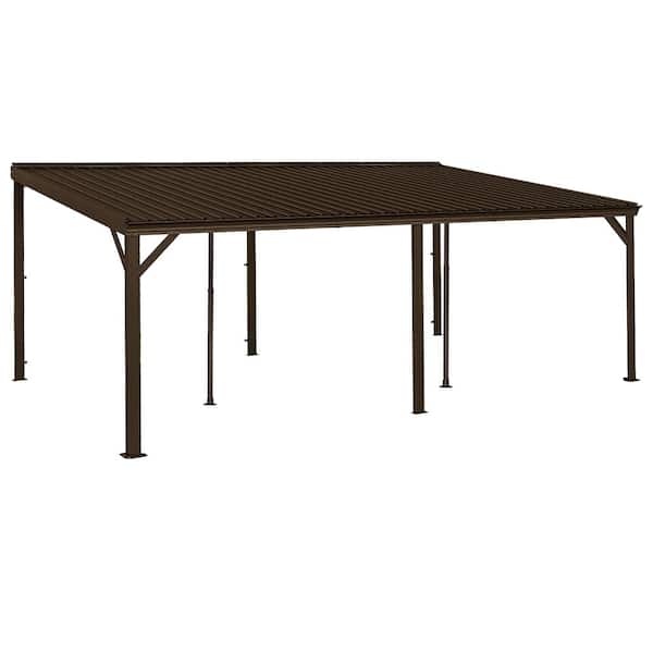 12 ft. x 20 ft. Brown Hardtop Wall Mounted Gazebo with Sloping Galvanized Steel Roof, Drainage System