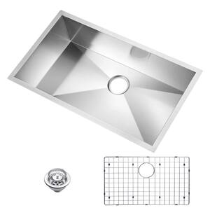 Undermount Stainless Steel 33 in. Single Bowl Kitchen Sink with Strainer and Grid in Satin