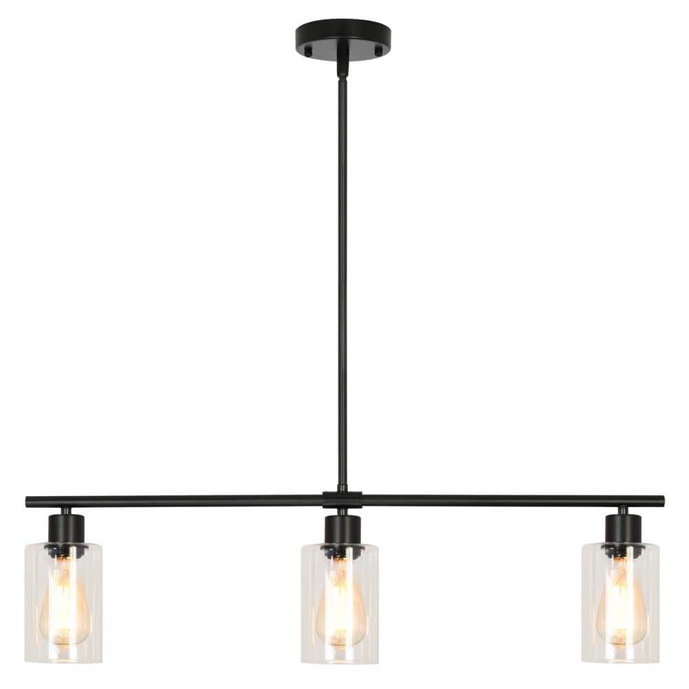 3-Light Black Rustic Linear Chandelier for Kitchen Island with Clear Glass 