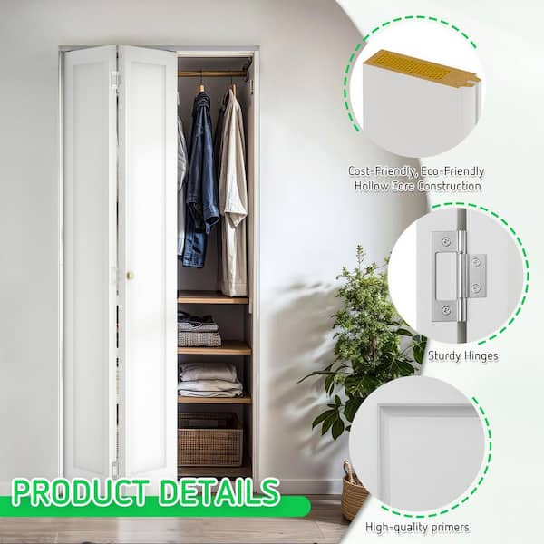 56 in. x 78.4 in. 1-Panel Hollow Core White Primed Molded Composite MDF Closet Bi-fold Door with Hardware Kit