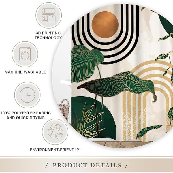 Boho Shower Curtain Set - Abstract Green Leaf Sun Design 72x72 Inches With 12 Hooks For Bathroom Decor
