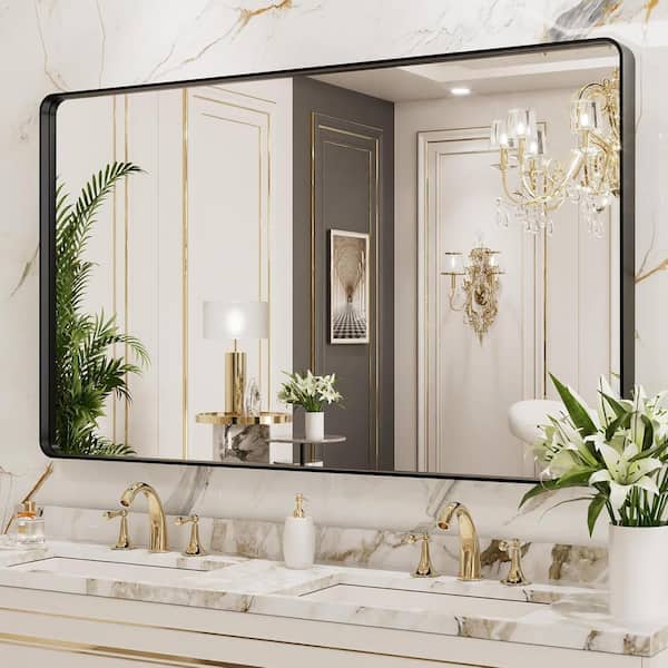 TOOLKISS 52 in. W x 30 in. H Rectangular Aluminum Framed Wall Bathroom Vanity Mirror in Black