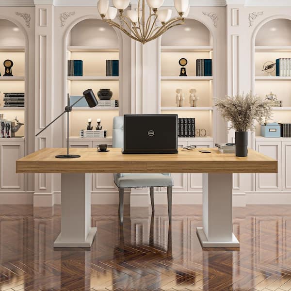 Wooden Grain Color Wood 78.7 in. Width Rectangle Double Pedestal Dining Table, Meeting Table for 8