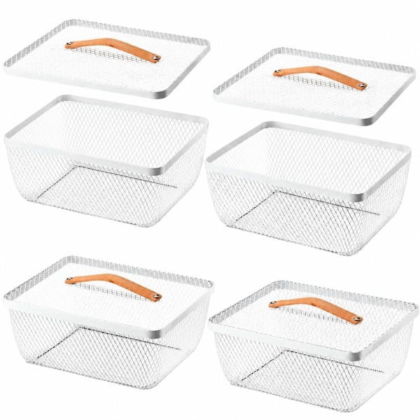 Metal Mesh Picnic Baskets 4 Piece Set White Wire Bins with Lids and Wooden Handles 9.65 x 7.68 Inch Storage Hampers