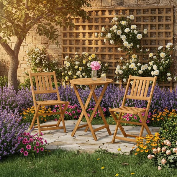 3-Piece Light Brown Wood Outdoor Bistro Set with Coffee Table and 2-Foldable Chairs for Porch, Camping and Balcony