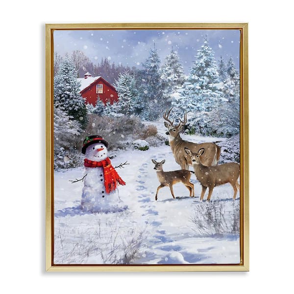 Reindeer and Snowman Landscape by Jason Kirk 1-Piece Floater Frame Graphic Print Nature Poster Art Print 31 in. x 25 in.