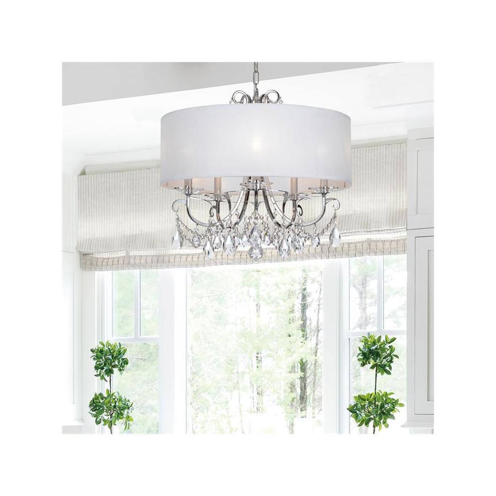 Polished Chrome 5-Light Chandelier with Silk Shade and Crystals