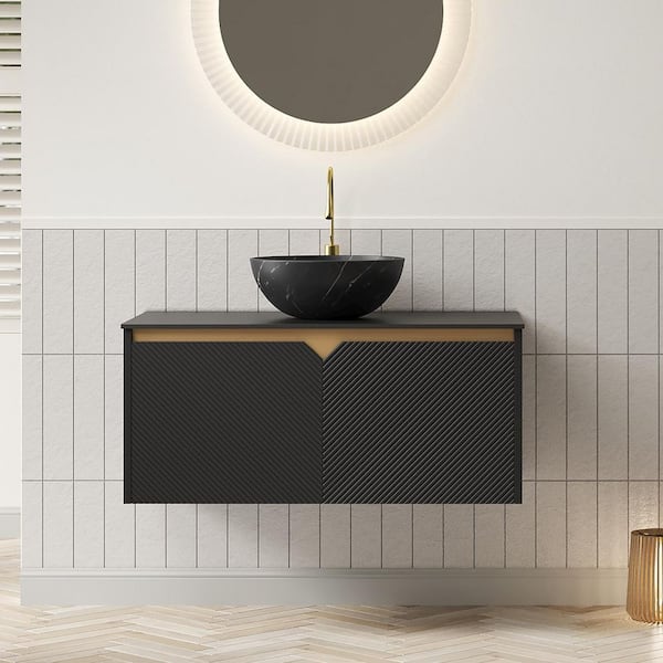 36 in. Wall Mounted Single Sink Black Bath Vanity with Black Sintered Stone Top and Black Bowl Ceramic Vessel Basin